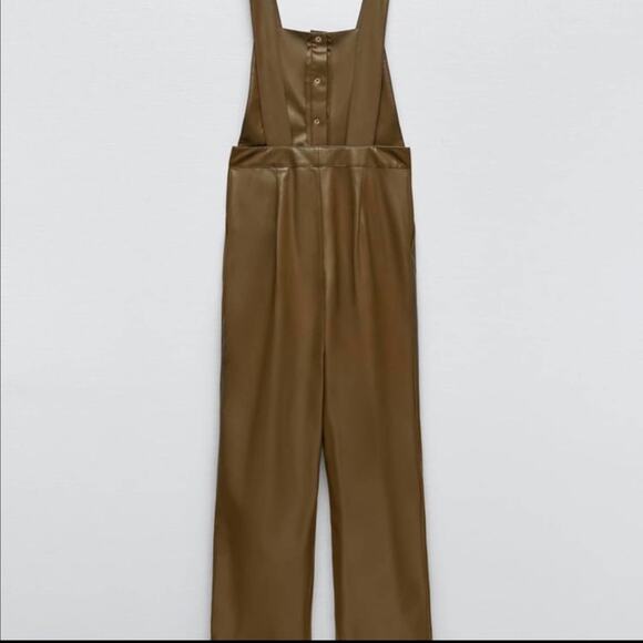 ZARA BLOGGER FAVORITE FAUX LEATHER LONG JUMPSUIT KHAKI - Picture 12 of 12